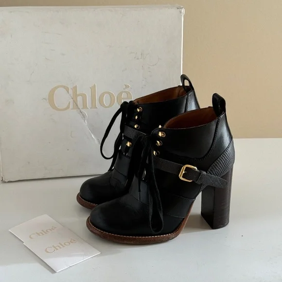 Chloe ankle boots black two tone lace up belted Bernie shoes Women's sz 5.5 us - Picture 1 of 10